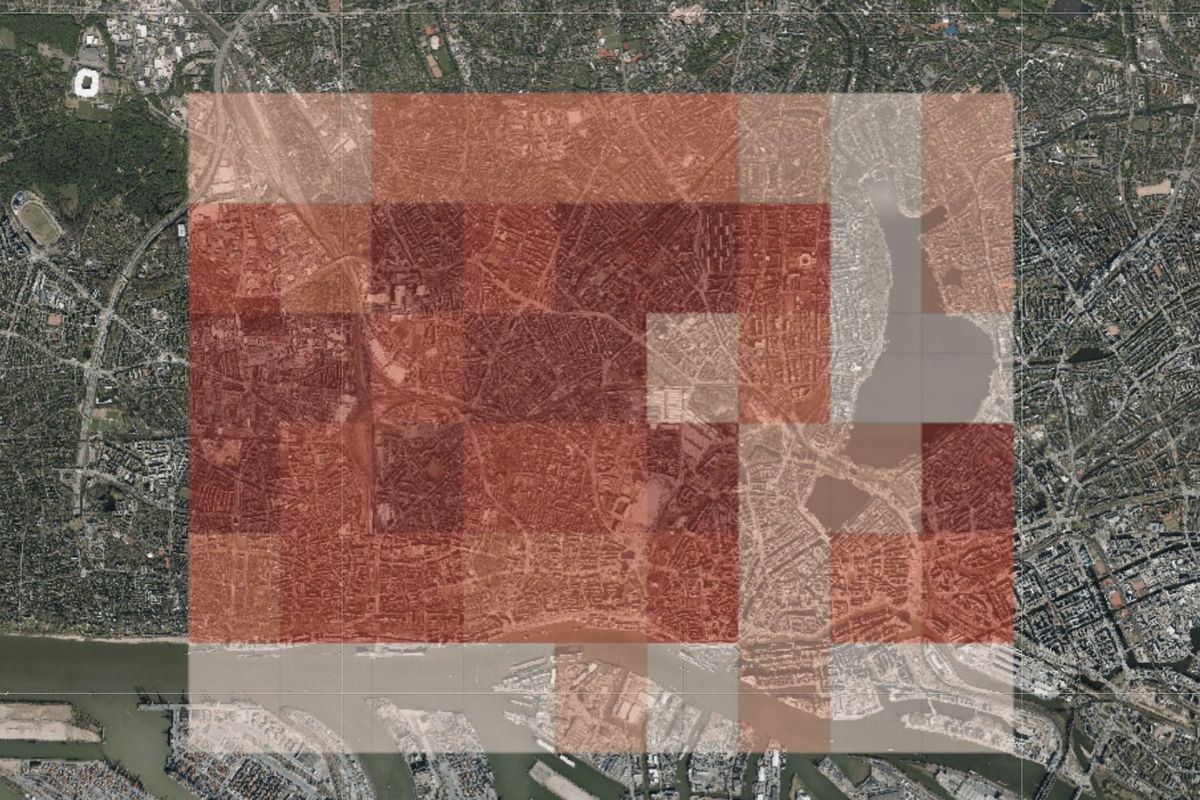 Map of Hamburg with a grid coloured from white to dark red by vehicle concentration