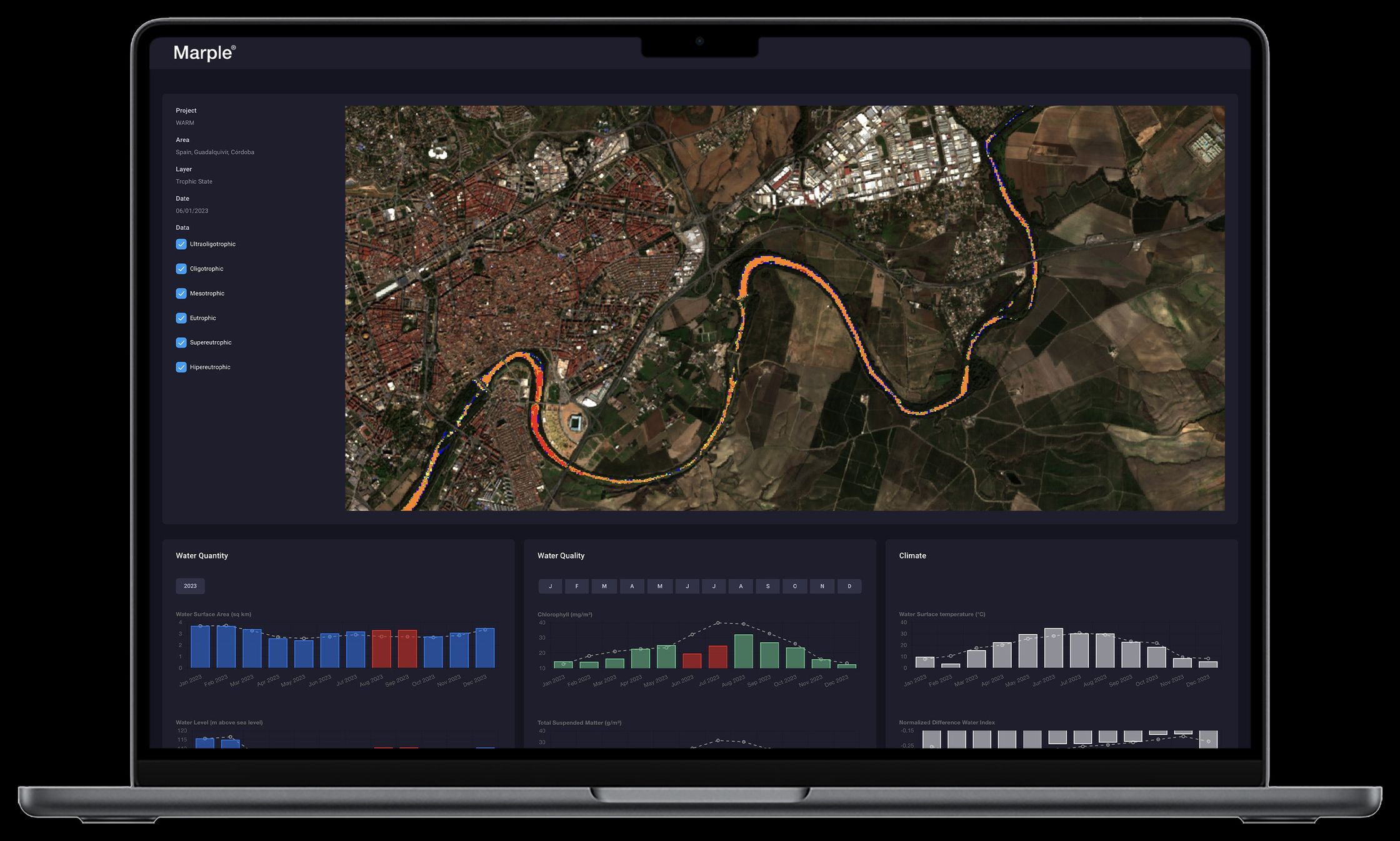 WARM dashboard on a laptop: map of the Guadalquivir with charts for water quantity, quality and temperature