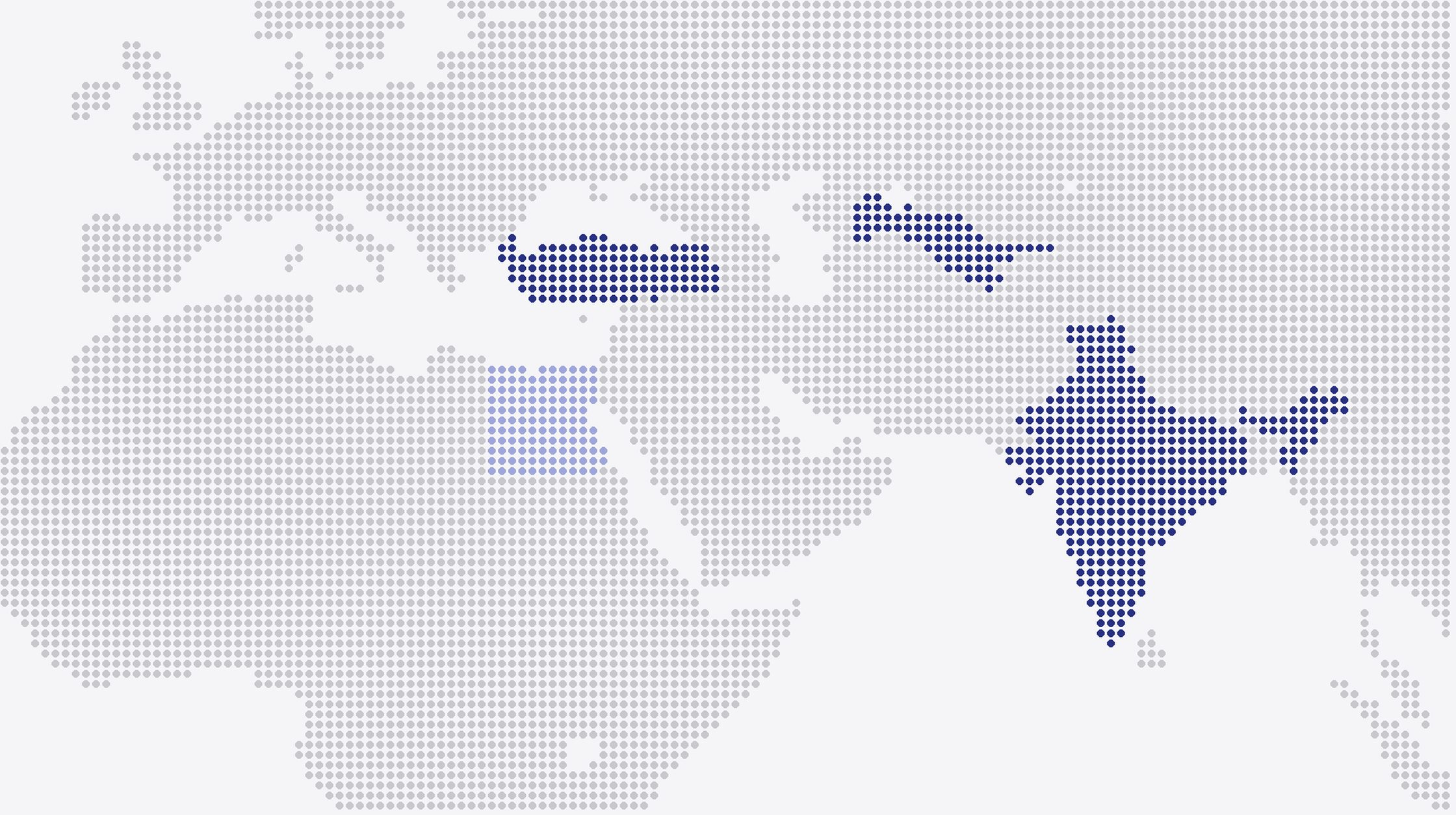 Dotted map of Europe, Africa and Asia with Uzbekistan, India and Turkey highlighted in blue and Egypt in light blue