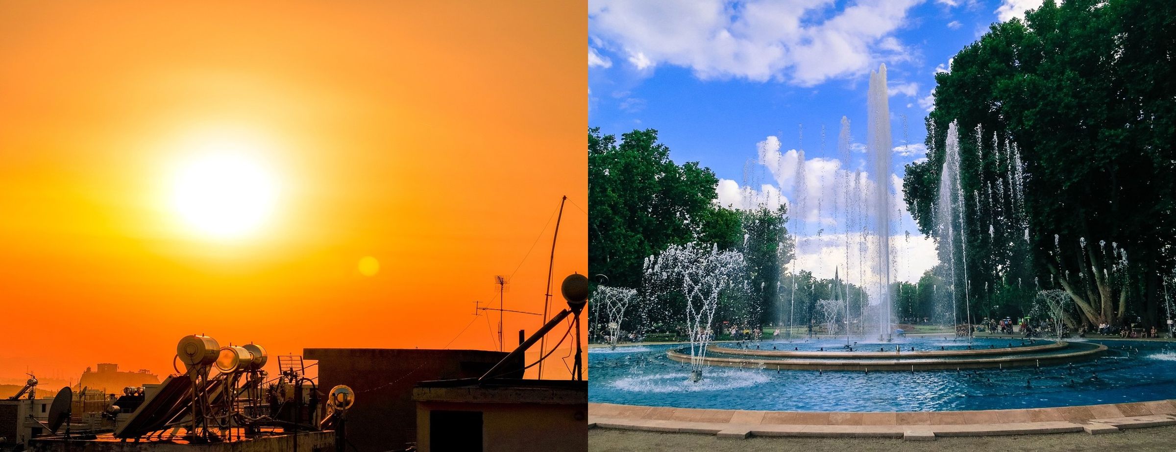 Left: a city skyline at sunset in orange heat haze. Right: a fountain with high water jets in a tree-lined city park