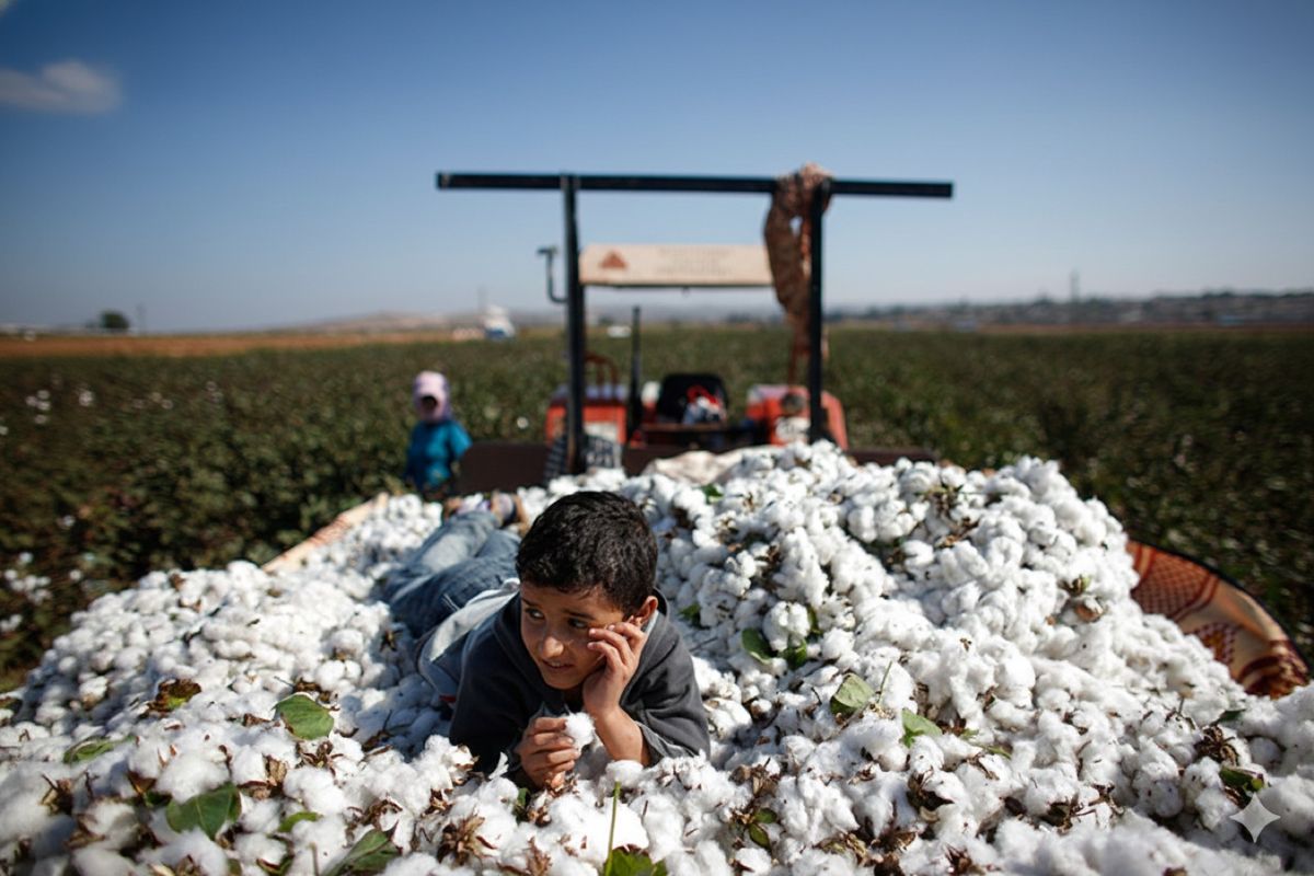 Harvested cotton on a trailer in a Turkish cotton field